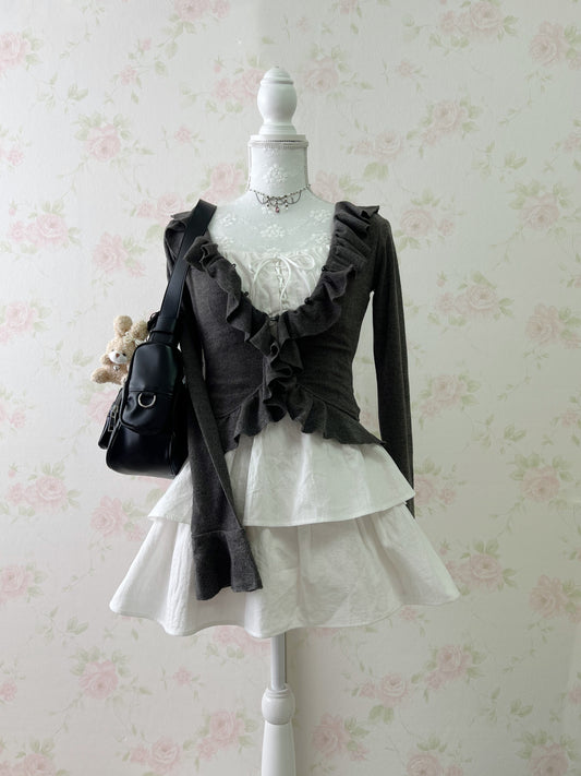GRL Ruffled V Neck Cardigan (Dark Gray)