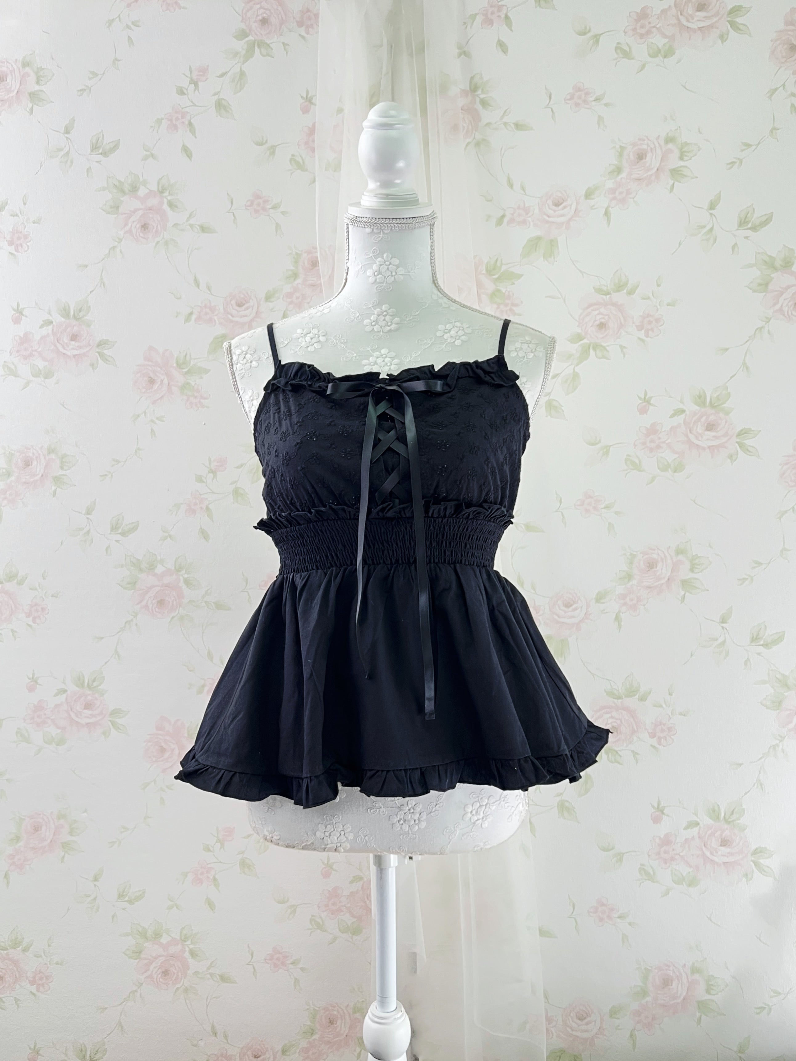 Cotton Floral Embroidery Camisole (Black)