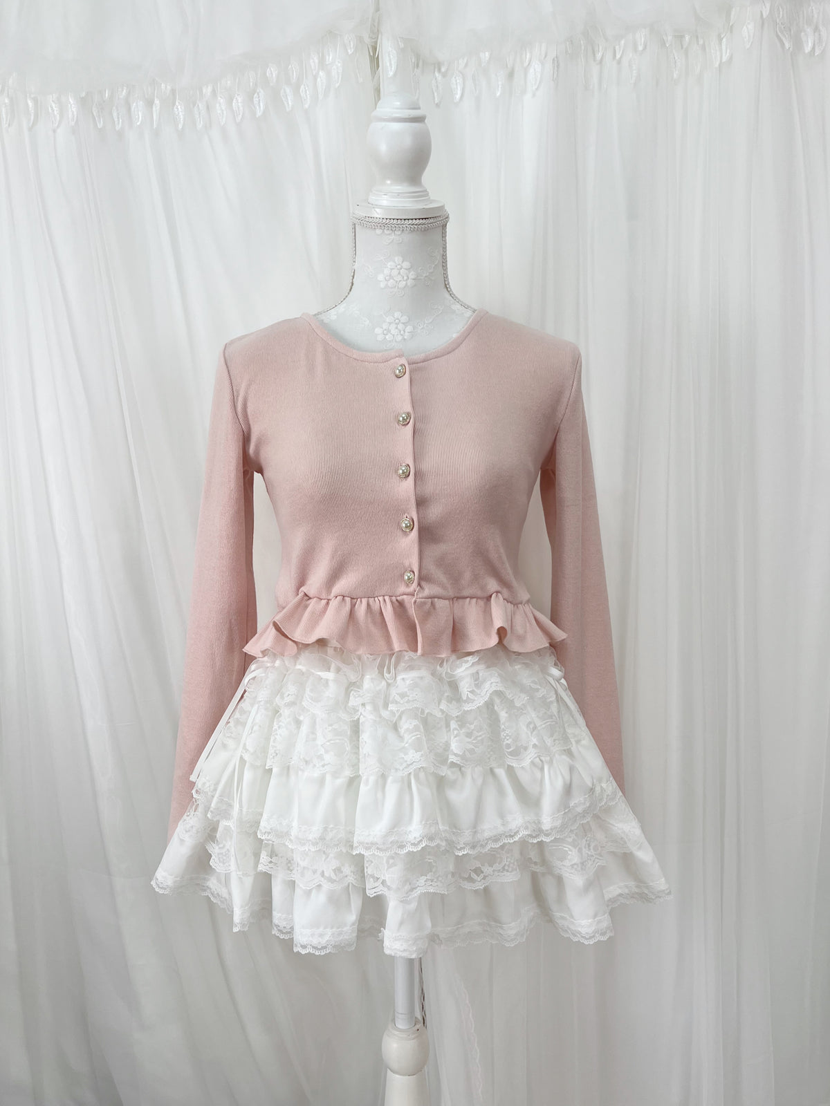 Ruffled Hem Pearl Button Cardigan (Pink)