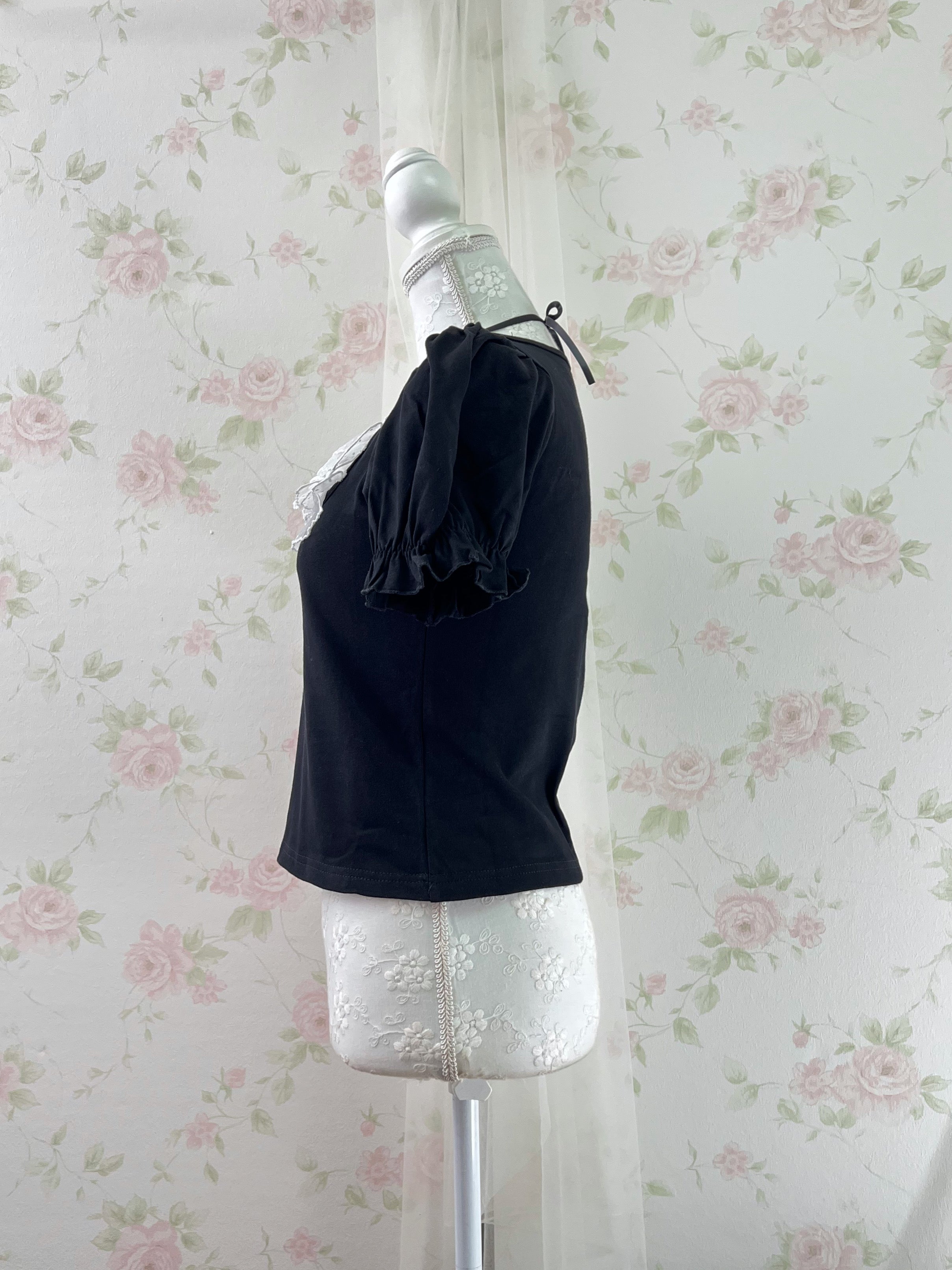 evelyn Polka Dot Frill Girly Top (Black)