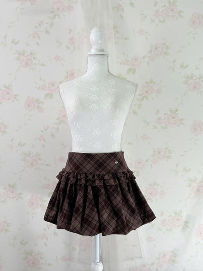 GRL Balloon Gathered Checked Skirt (Brown)
