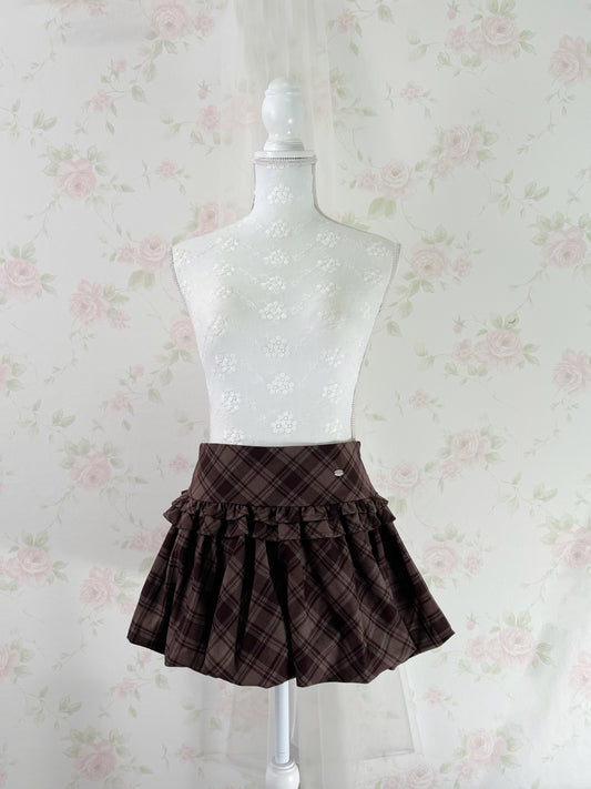 GRL Balloon Gathered Checked Skirt (Brown)