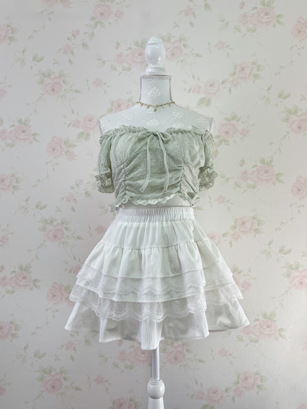 2 Way Shoulder Lacy Top (Mint Green)