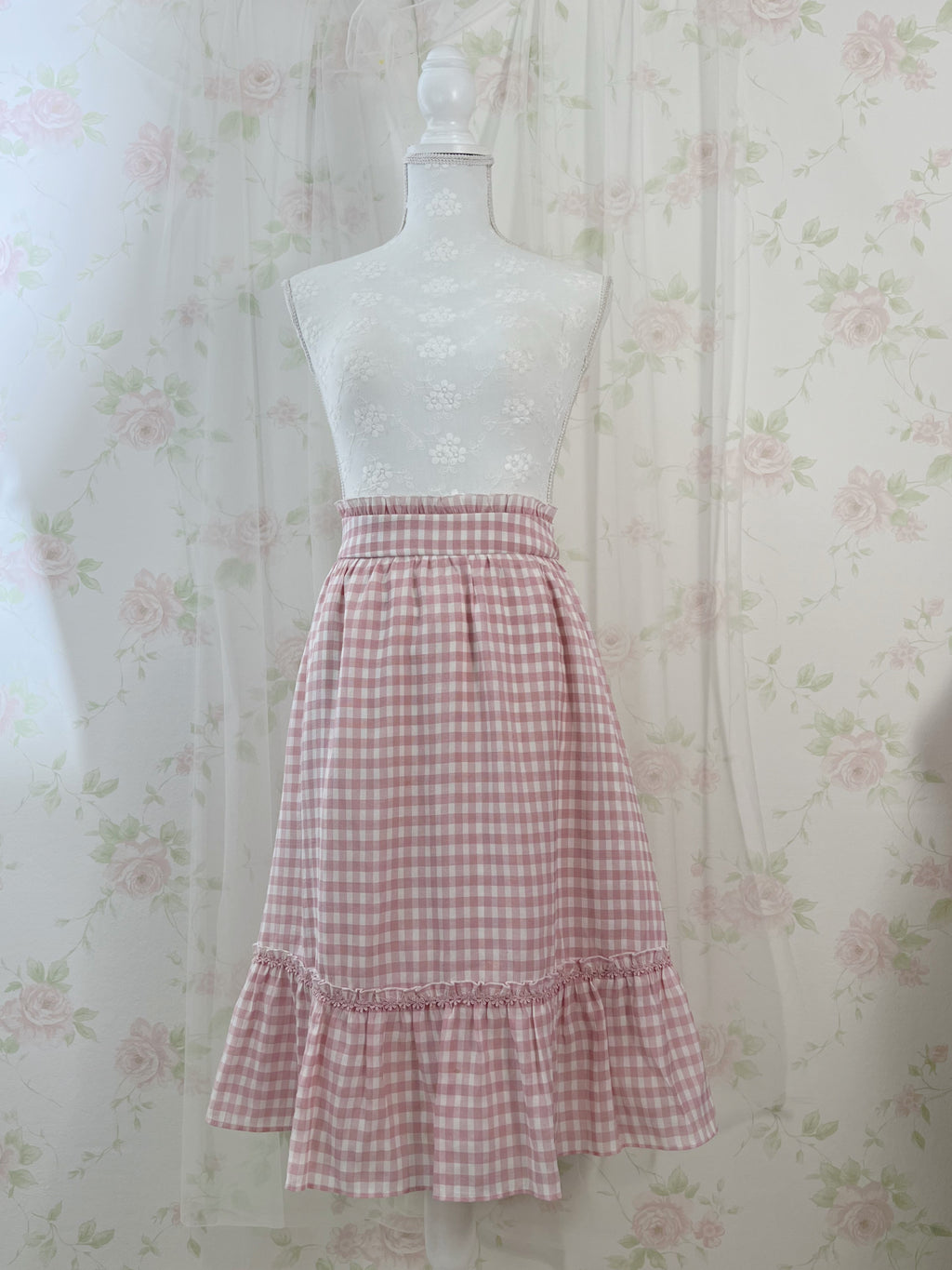 LODISPOTTO Checked Sweet Frilled  Long Skirt (Pink)