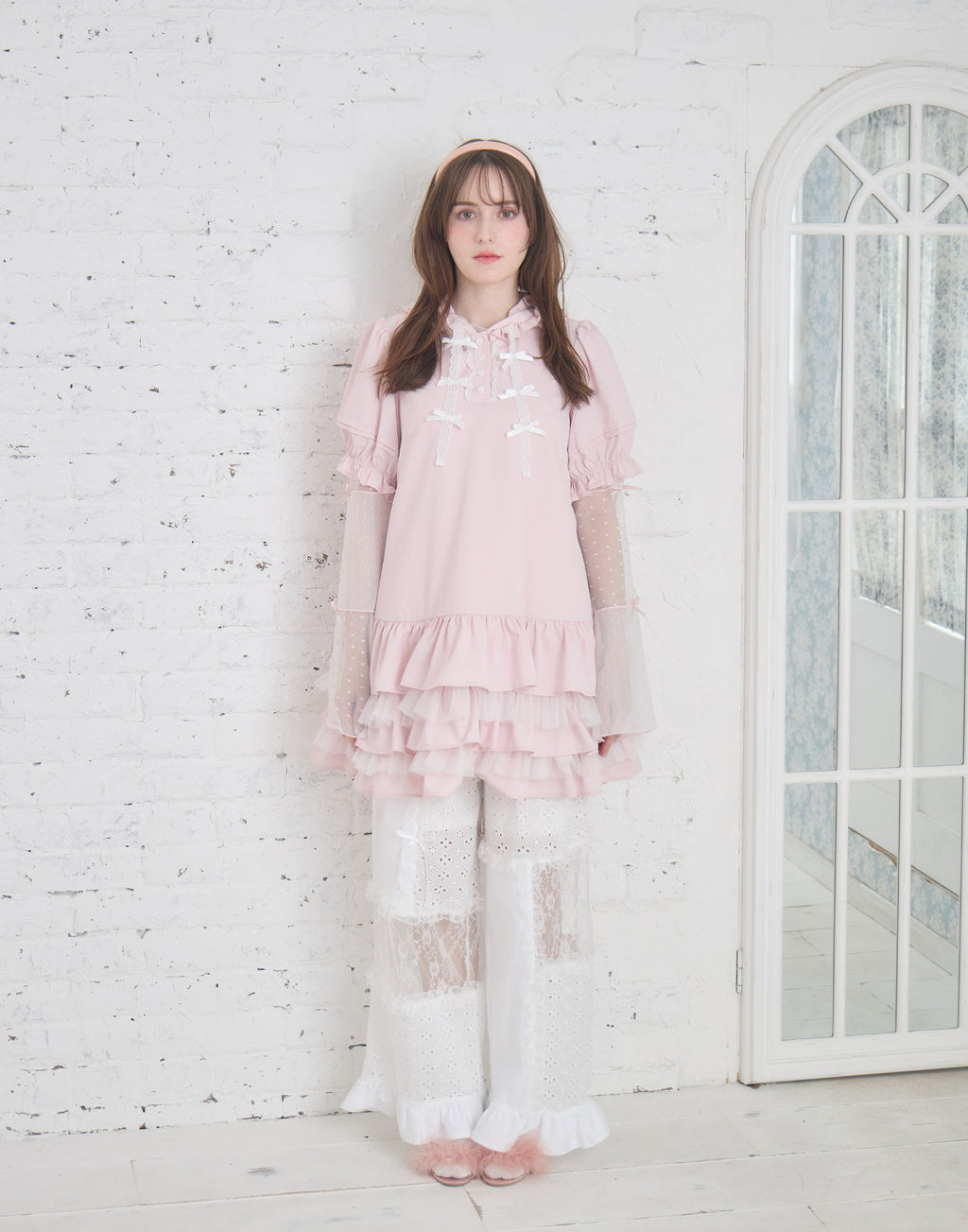 Lolime patchwork lace frill pants