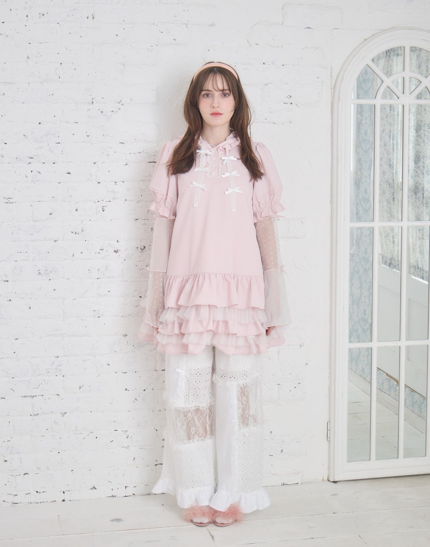 Lolime patchwork lace frill pants