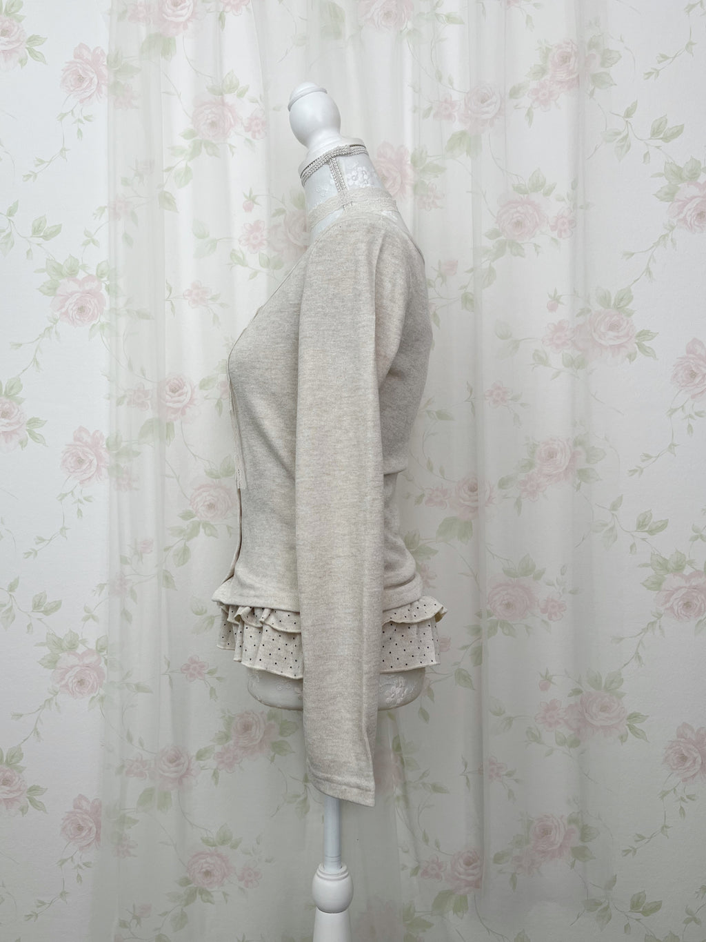 Polka Dot Cardigan Camisole Set (Beige)