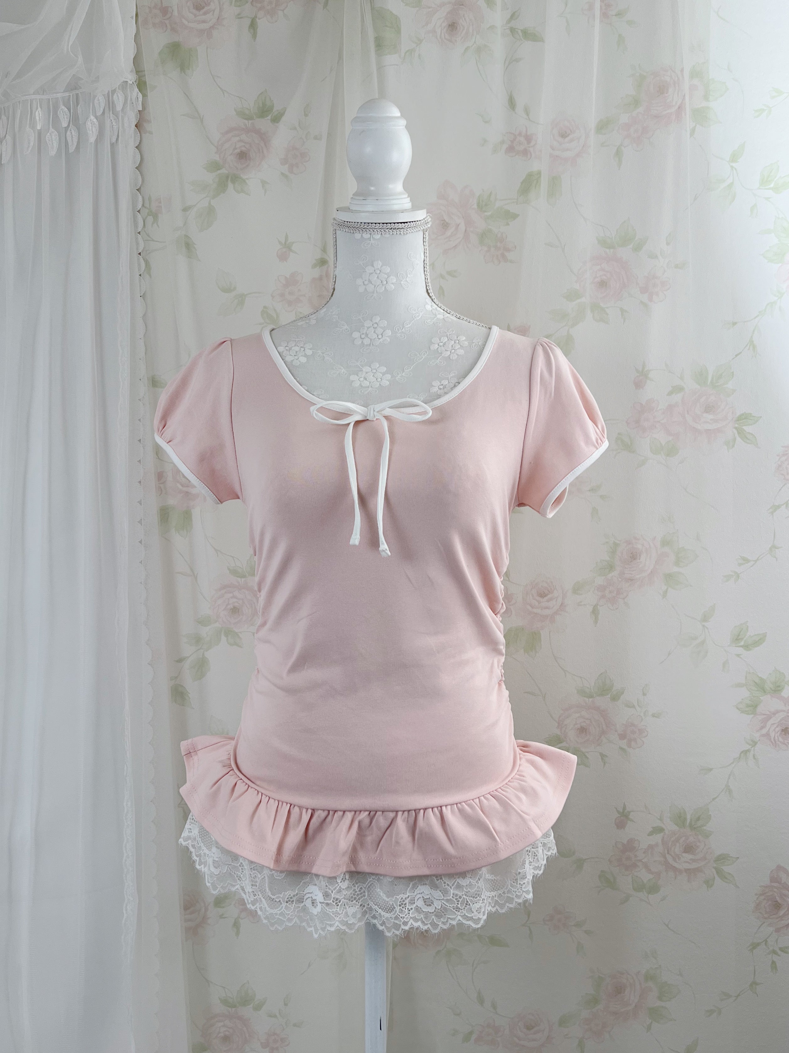 Frilled Lace Hem T-Shirt (Pink)
