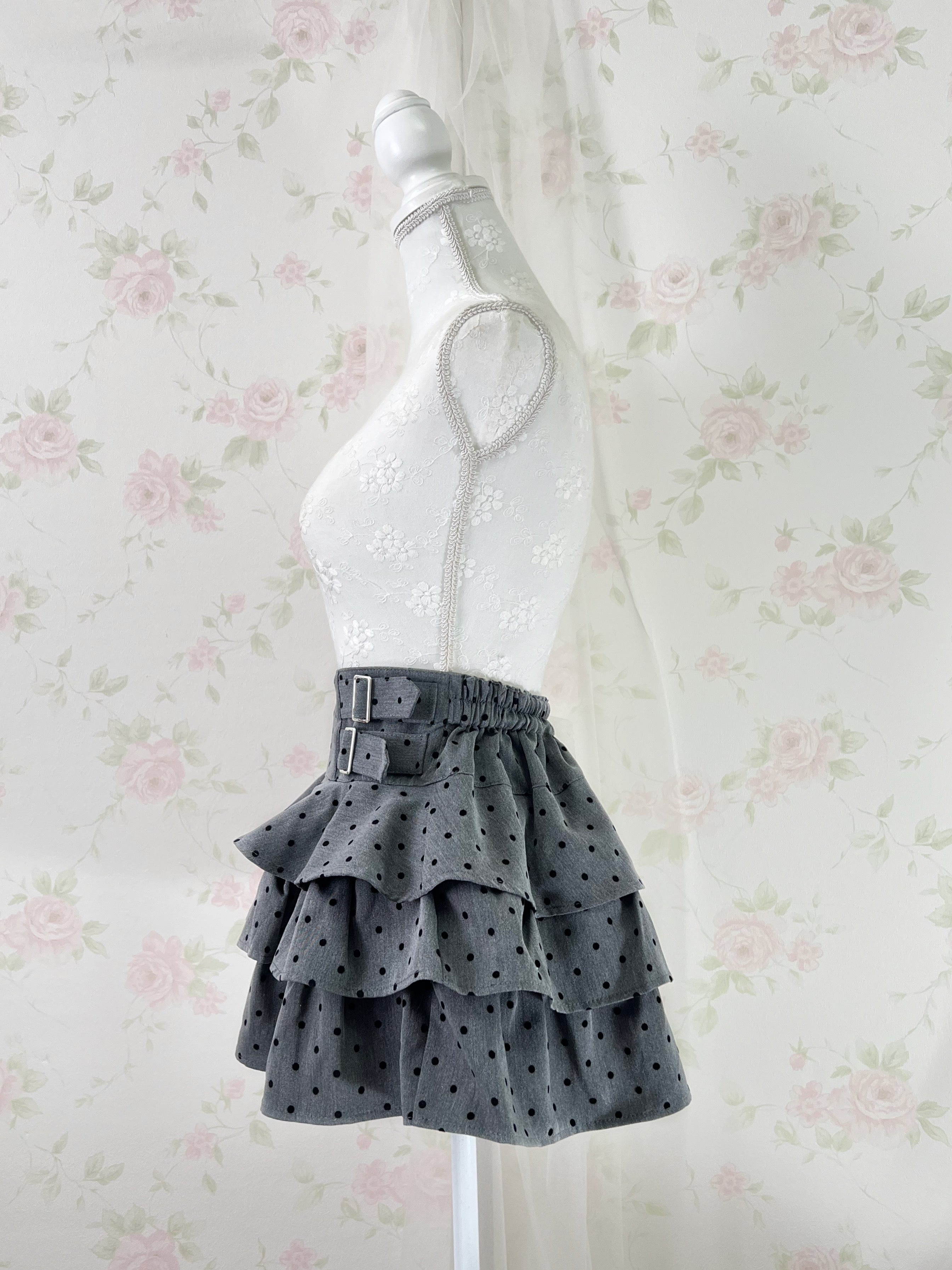 Polka Dot Tiered Skirt (Dark Gray)