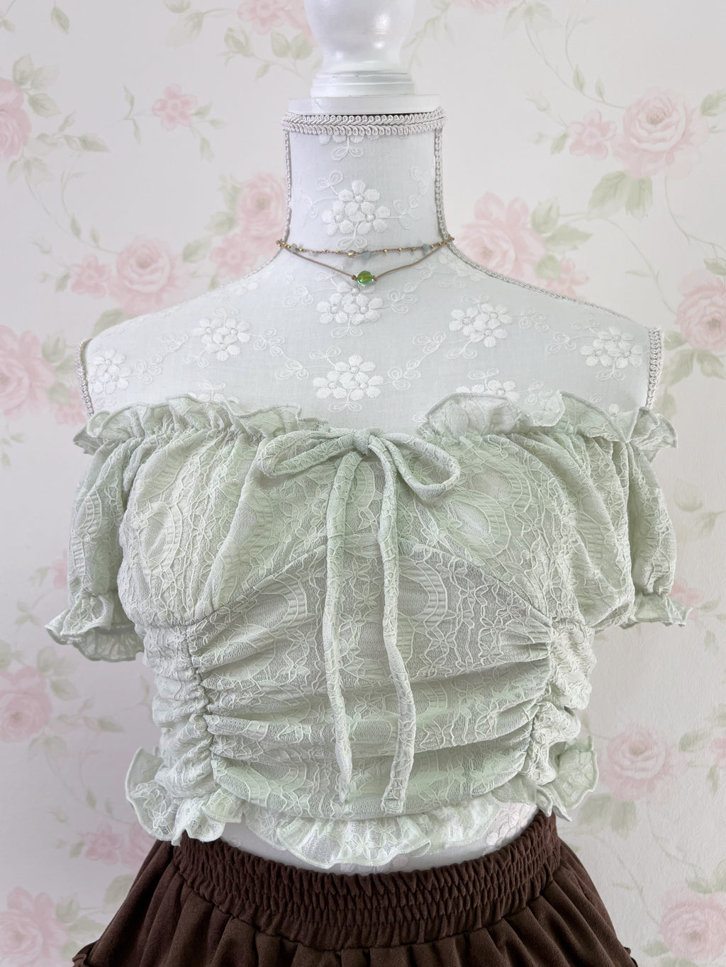 2 Way Shoulder Lacy Top (Mint Green)