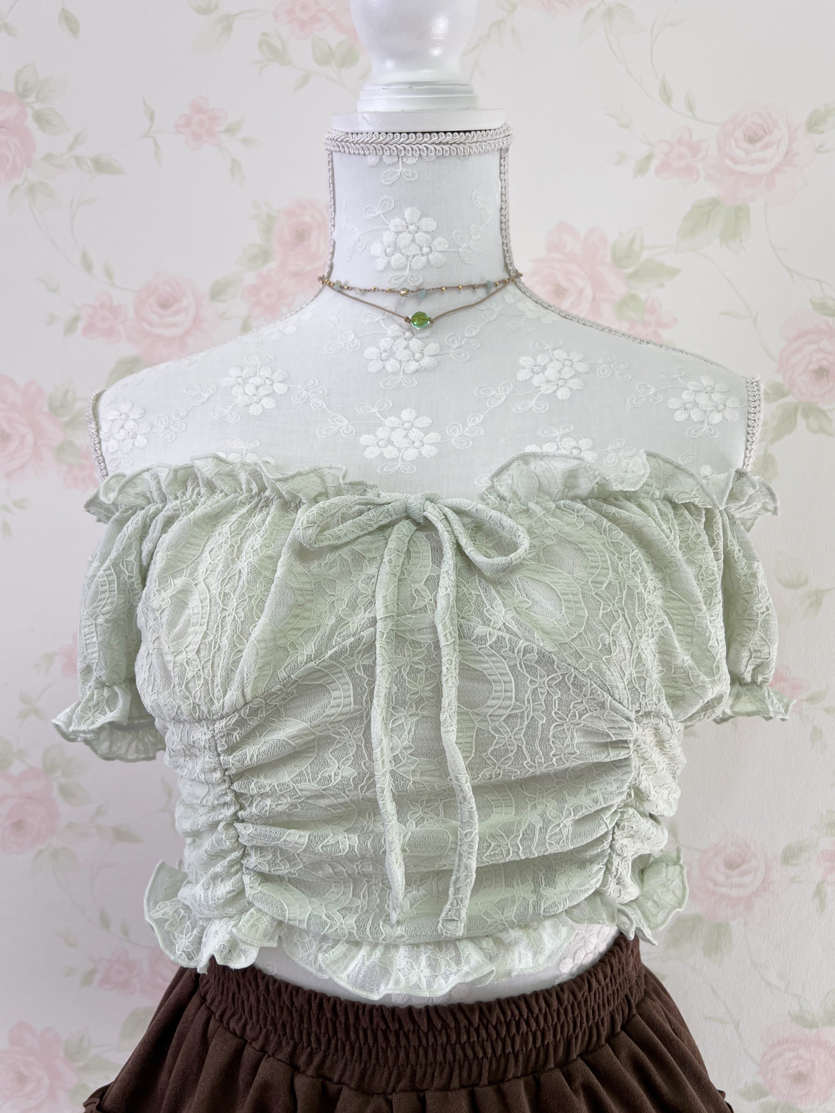 2 Way Shoulder Lacy Top (Mint Green)