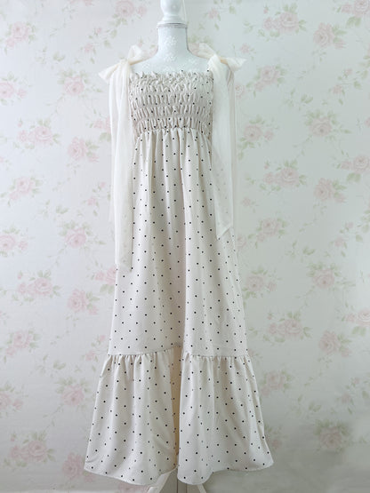 GRL Tulle Ribbon Strap Polka Dot Long Dress (Ivory)