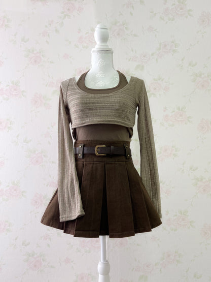 SPINNS ATTITUDE MAKES STYLE Pleated Belt Skirt (Brown)