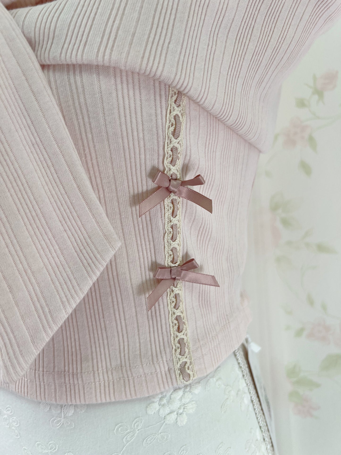 NoGenki Side Petite Bow Off Shoulder Top (Pink)