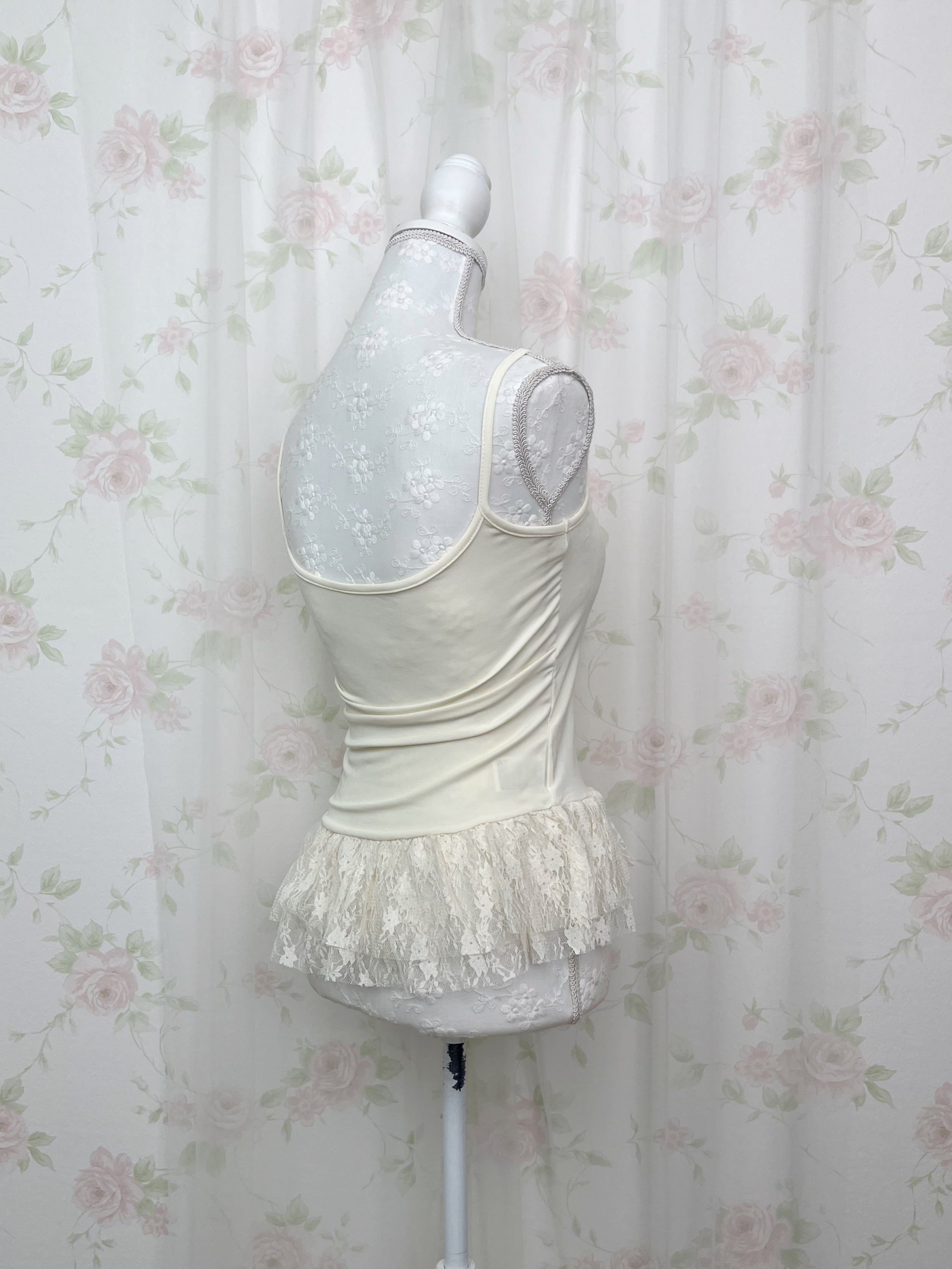 One Shoulder Knit Lace Camisole Set (Ivory)