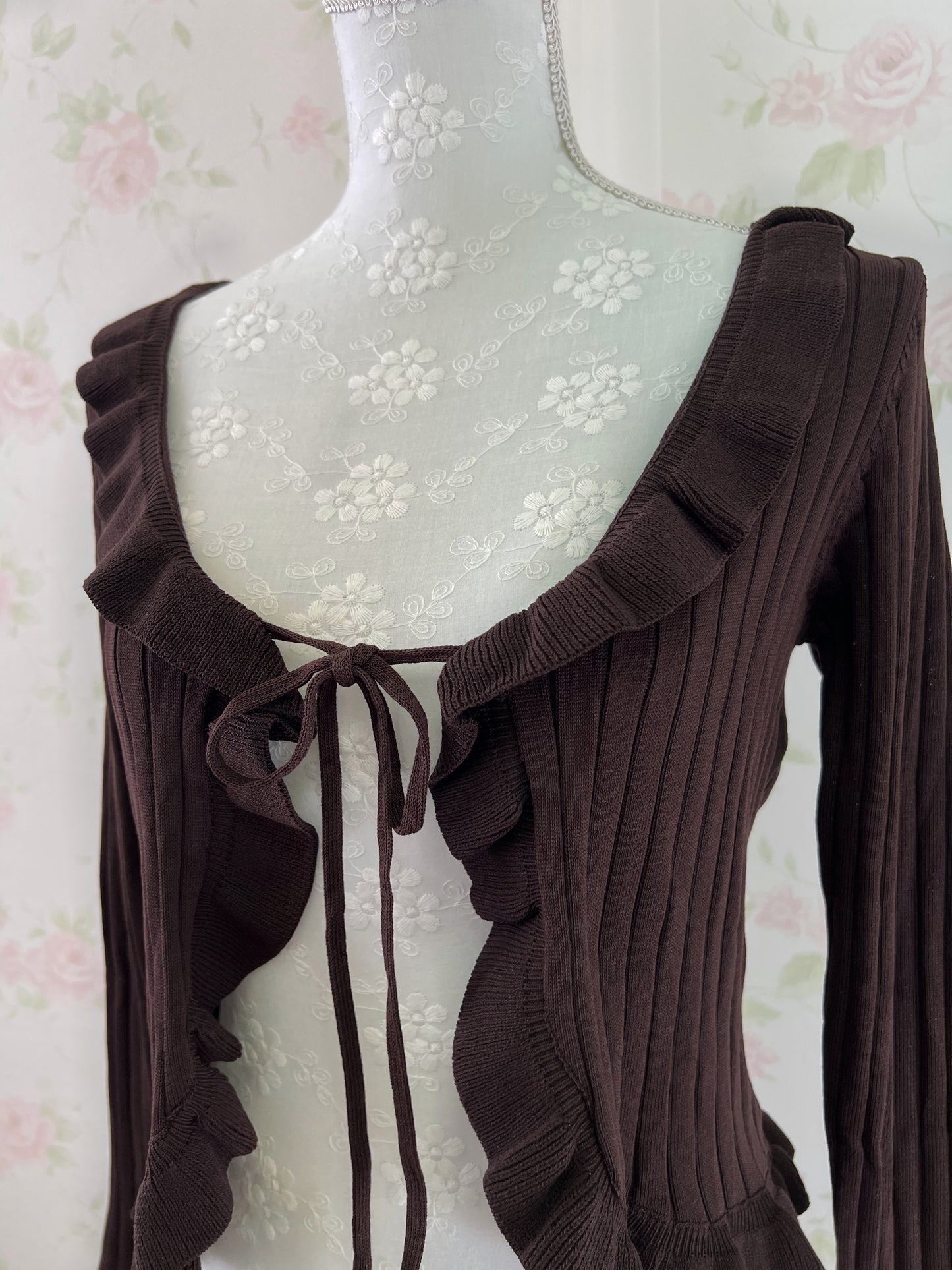 Clear Wide Sleeved Ruffled Cardigan (Chocolate)