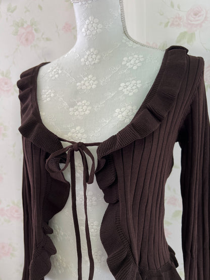 Clear Wide Sleeved Ruffled Cardigan (Chocolate)