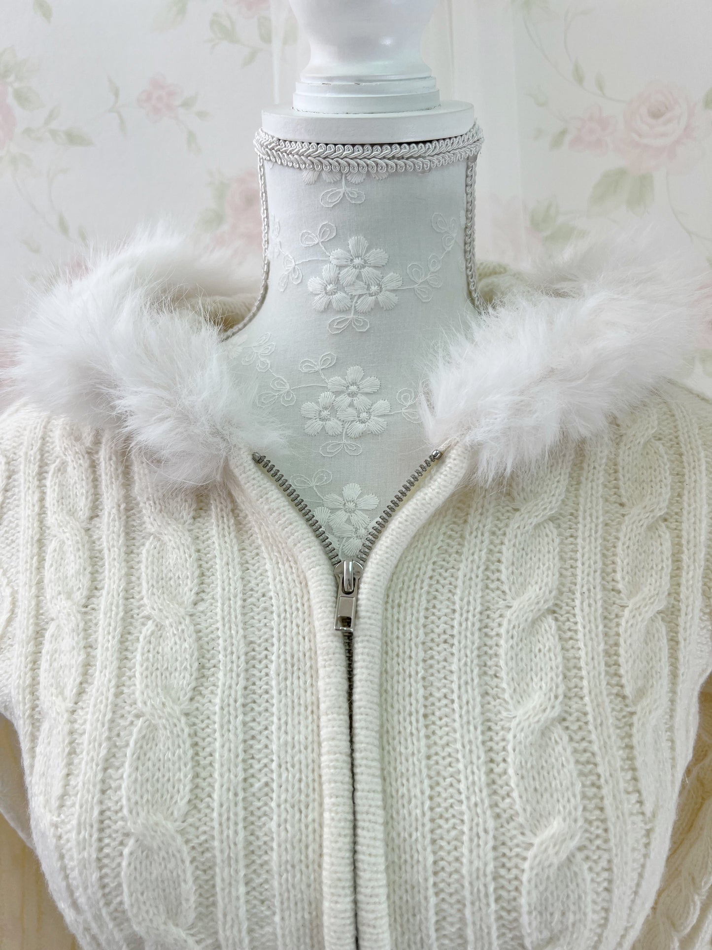 GRL Eco Fur Knitted Hoodie (Ivory)