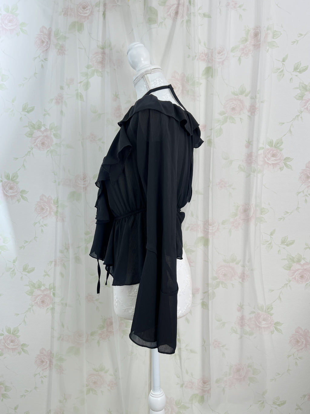 Crossed Neck Chiffon Top (Black)
