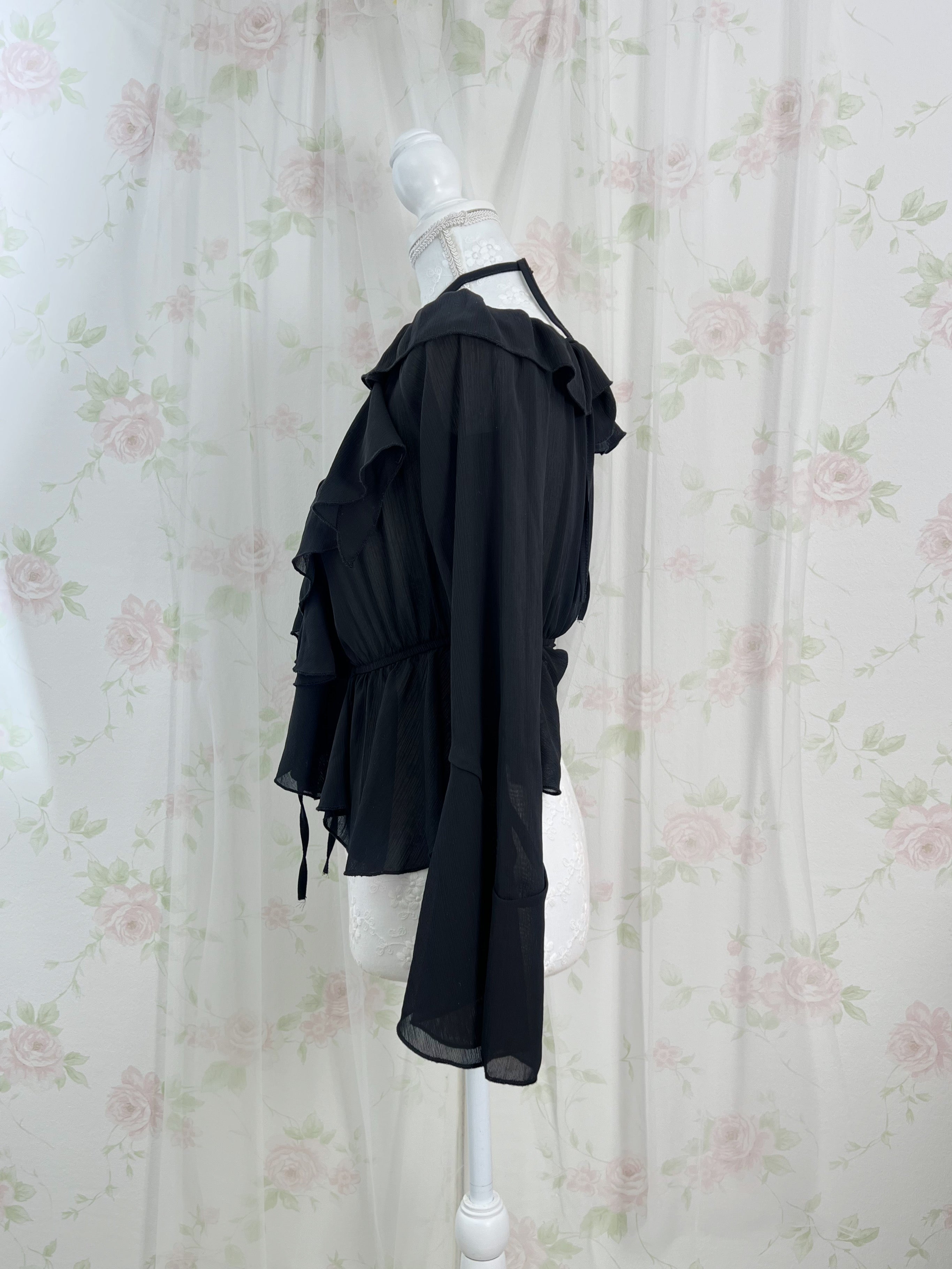Crossed Neck Chiffon Top (Black)