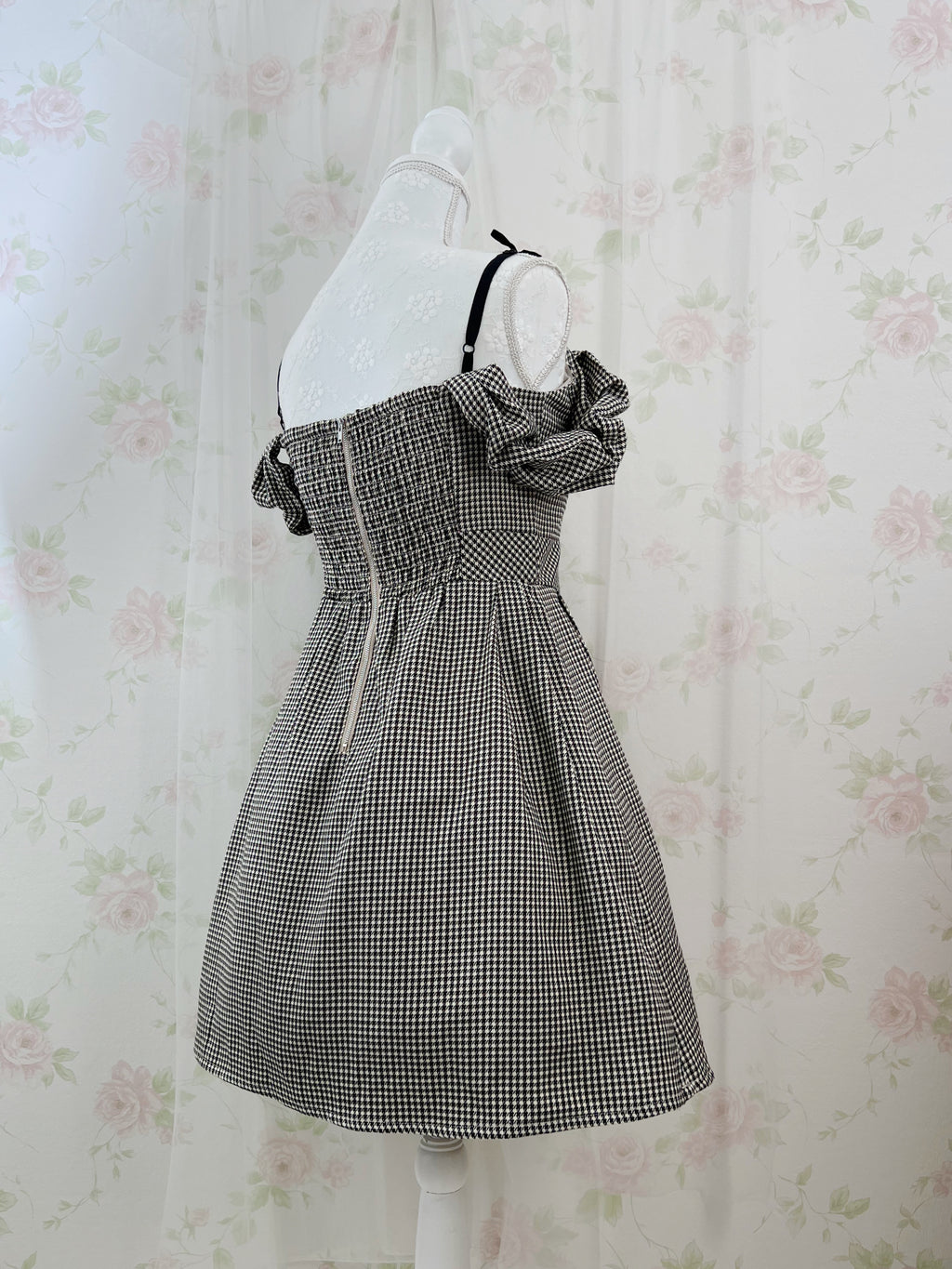 REDYAZEL Checked Off Shoulder Petite Bow Dress (Brown)