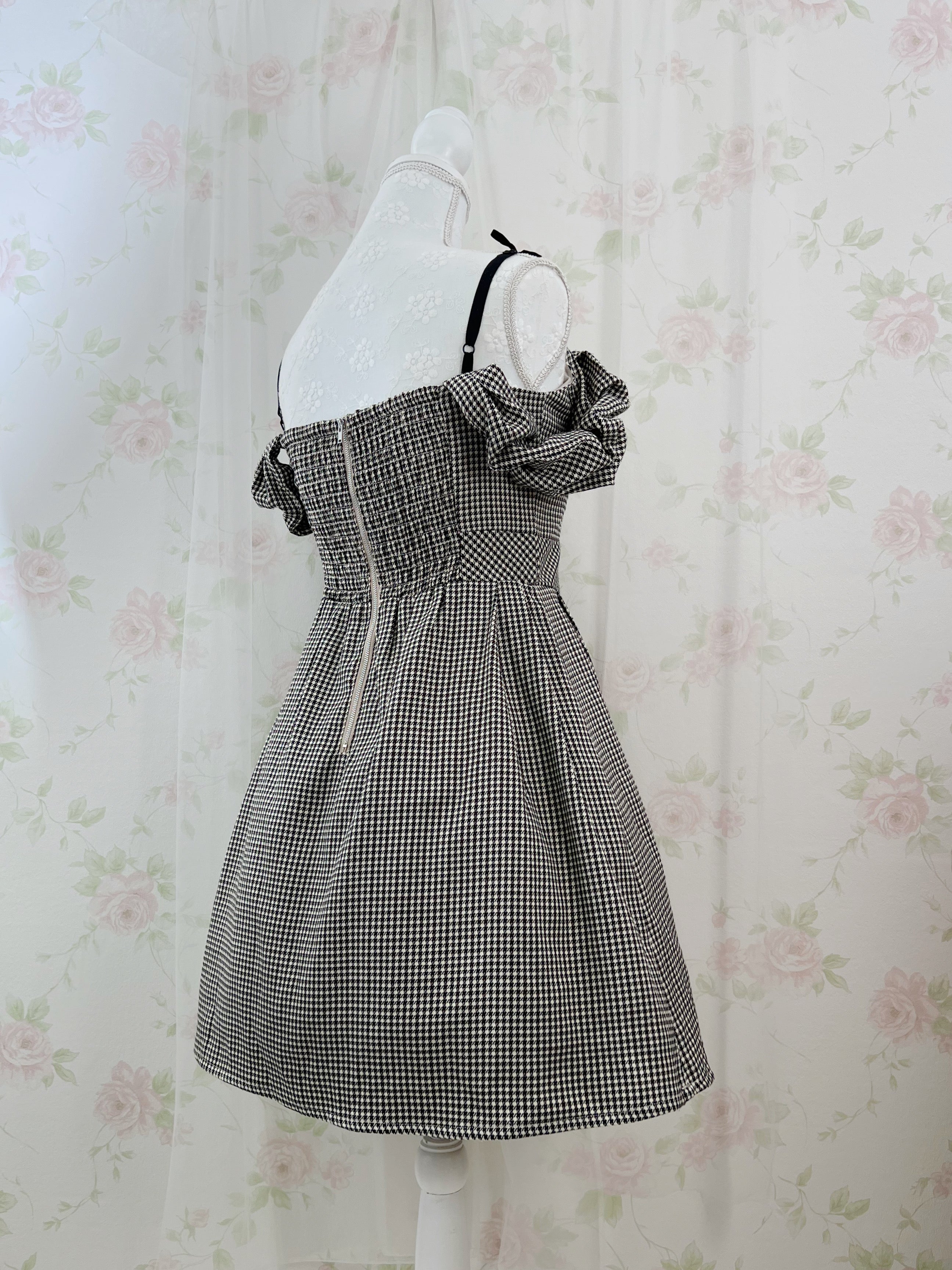 REDYAZEL Checked Off Shoulder Petite Bow Dress (Brown)