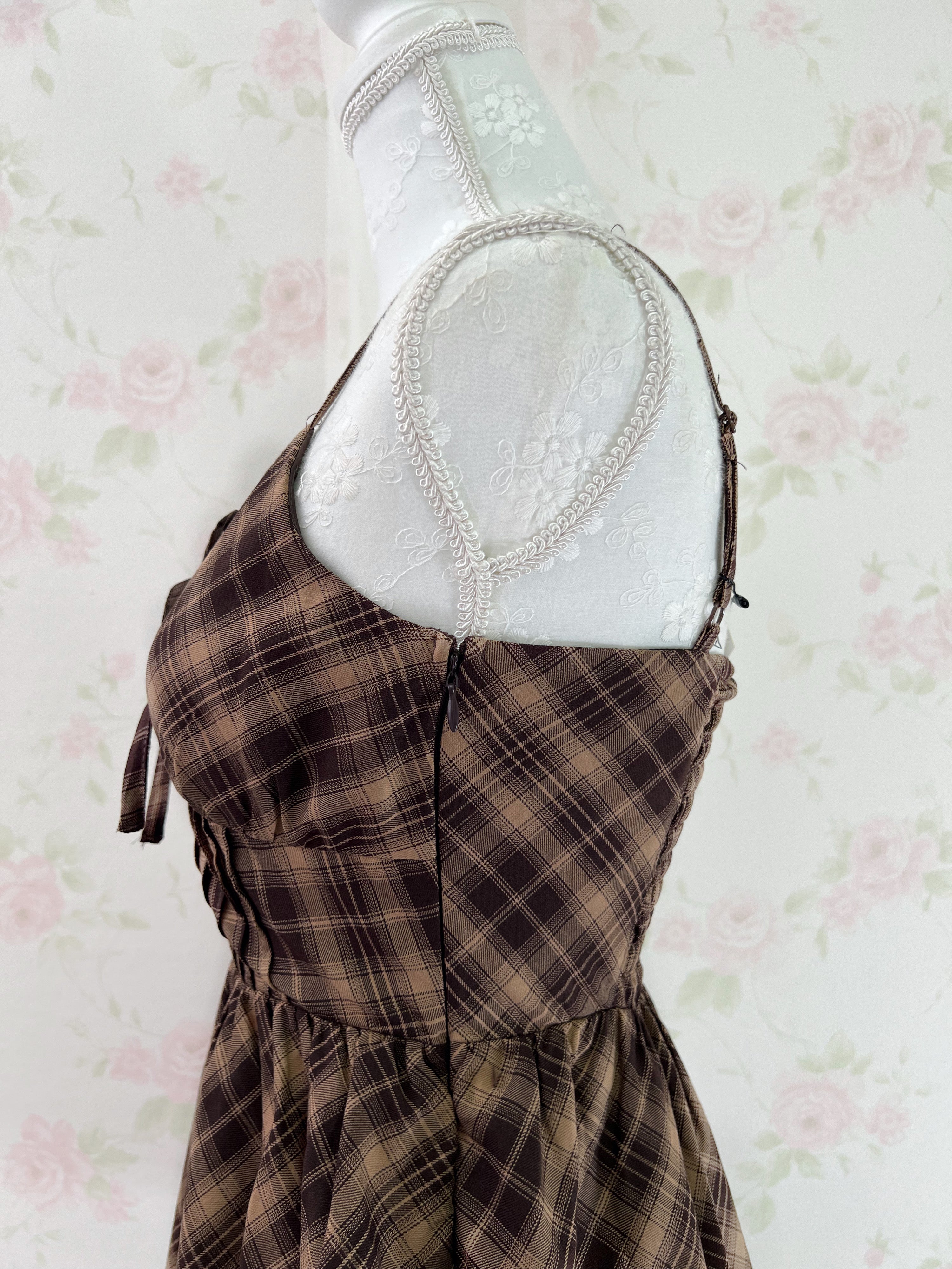 GRL Corset Camisole Checked Dress (Chocolate)