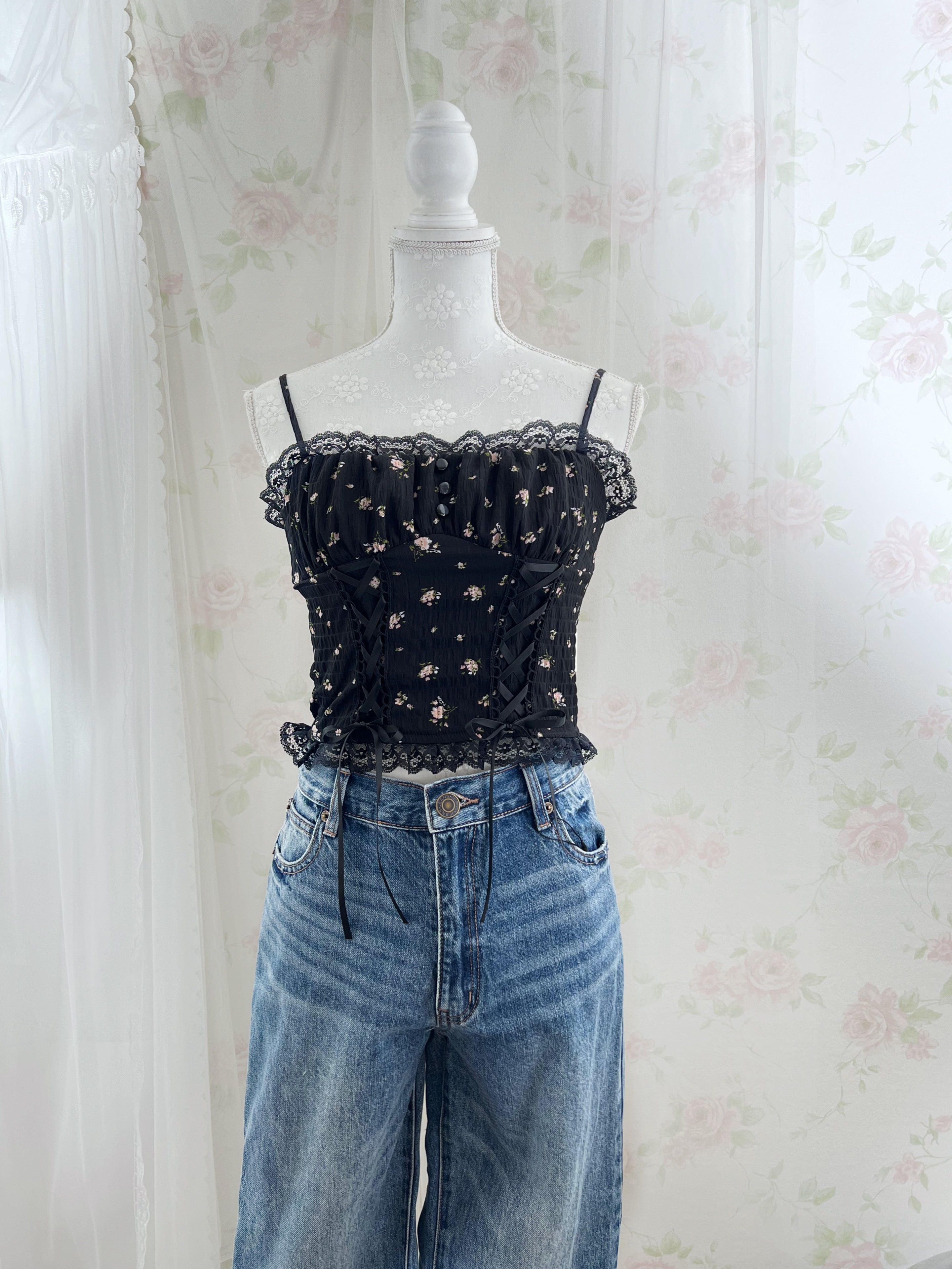 Petite Floral Laced Up Camisole (Black)