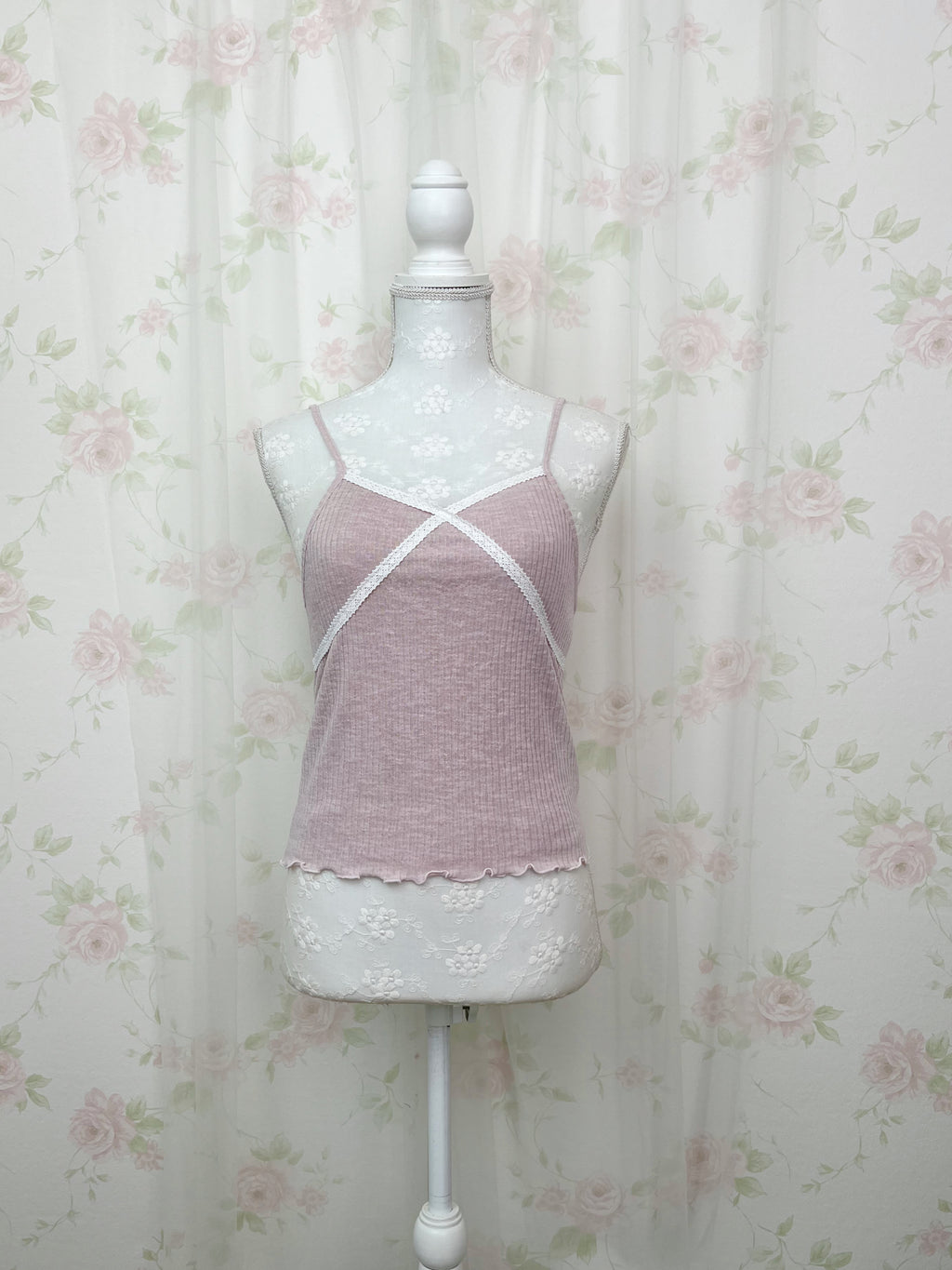 Lace Framed Camisole &Cardigan Set (Pink)