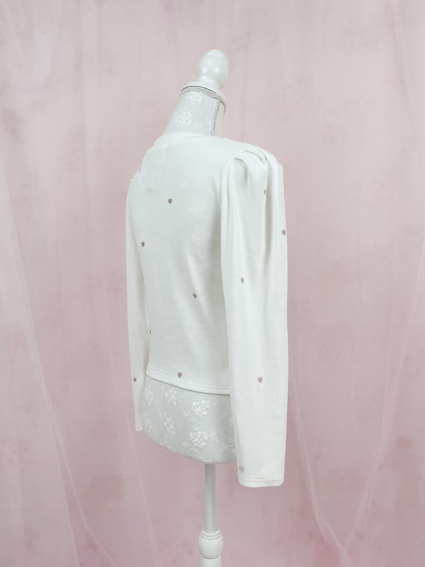 Heart Embroidery Long Sleeved Top (White)