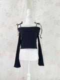 Y2K Off Shoulder String Wide Sleeve Top (Black)