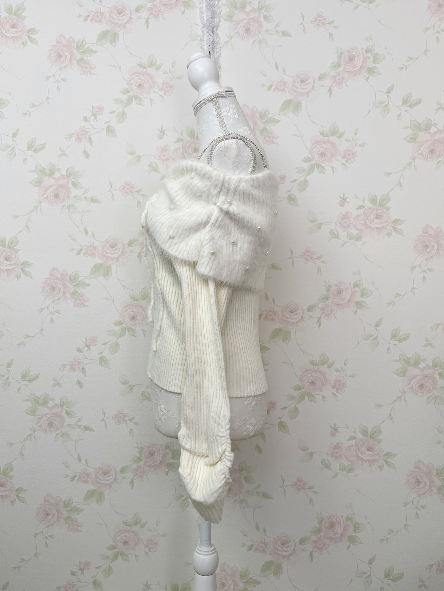 one after another NICE CLAUP Off Shoulder Pearl Sweater (Ivory)