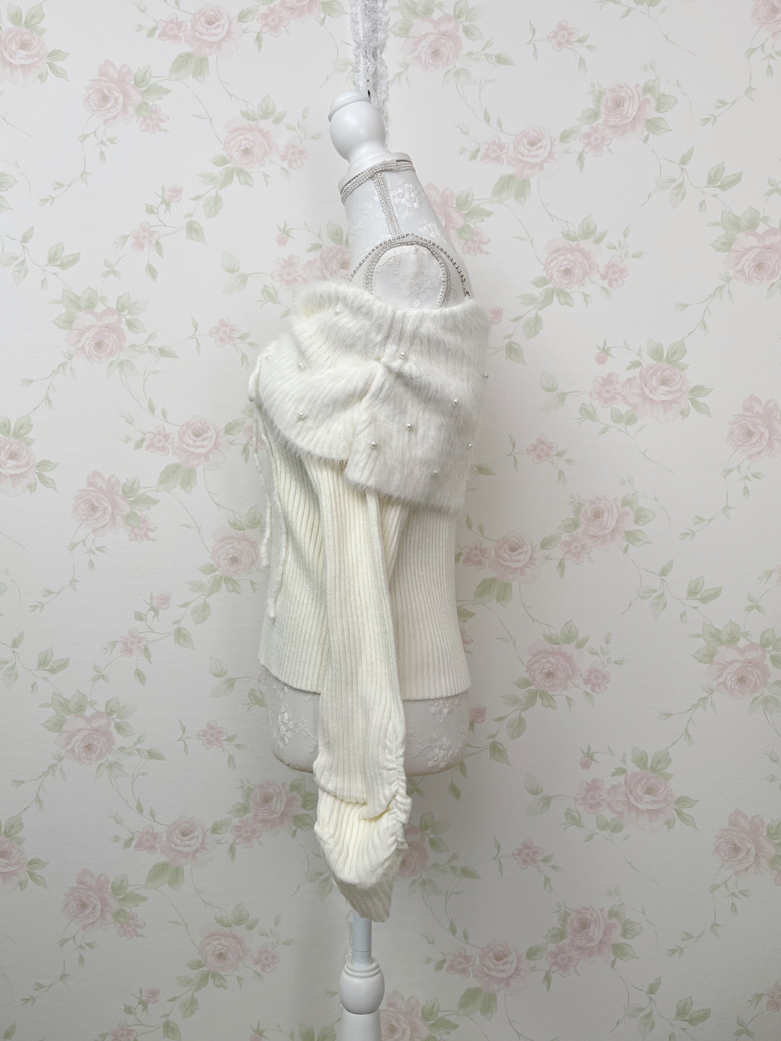 one after another NICE CLAUP Off Shoulder Pearl Sweater (Ivory)