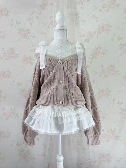 Velvet Shoulder Bow Sweater (Strawberry Milk Tea)