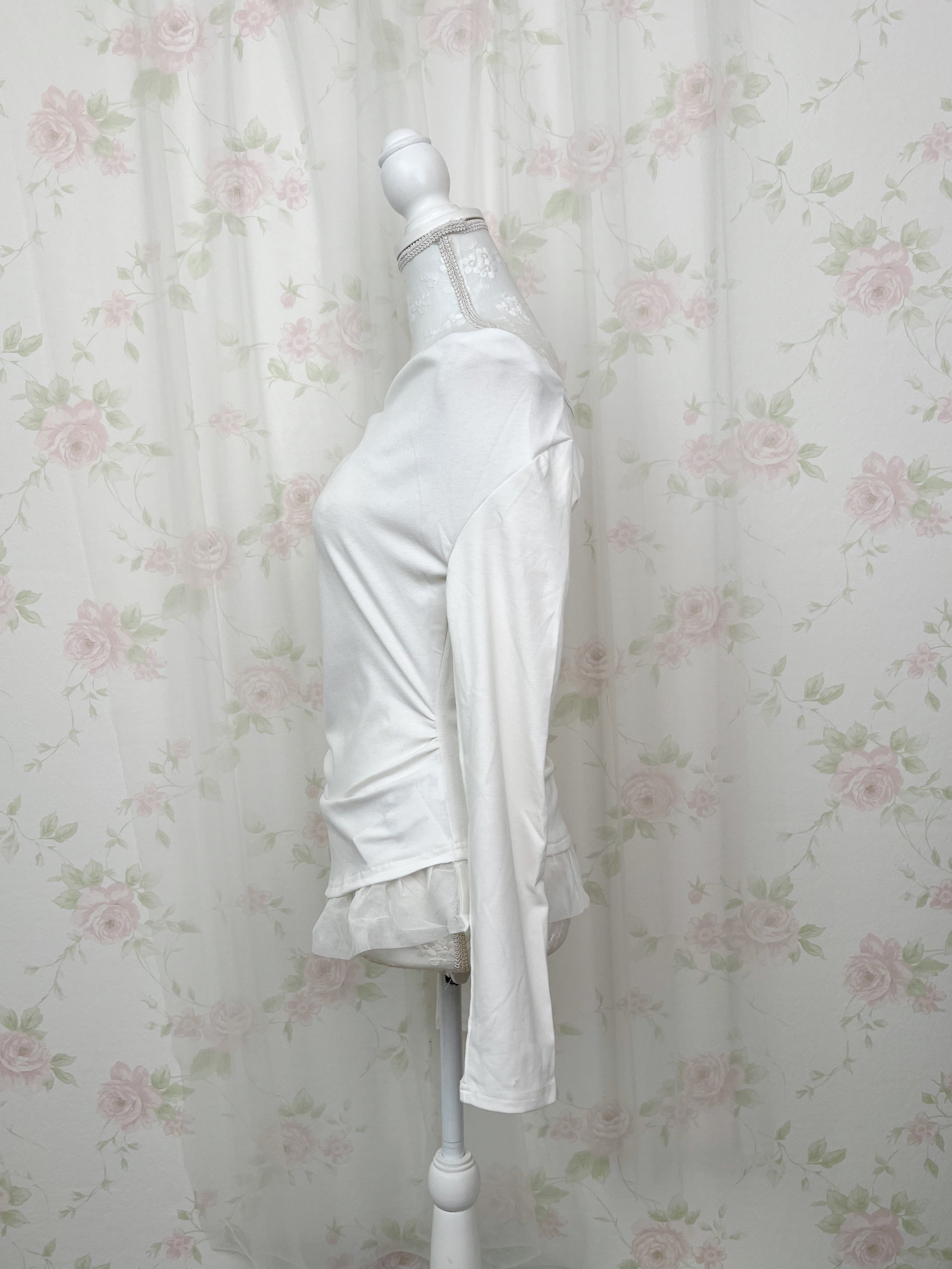 One Shoulder Drape Tulle Hem Top(White)