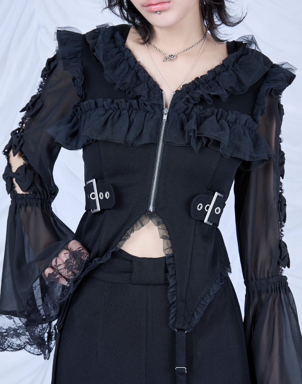 AVENCHUMU Flared sleeve ribbon and frill zip tops