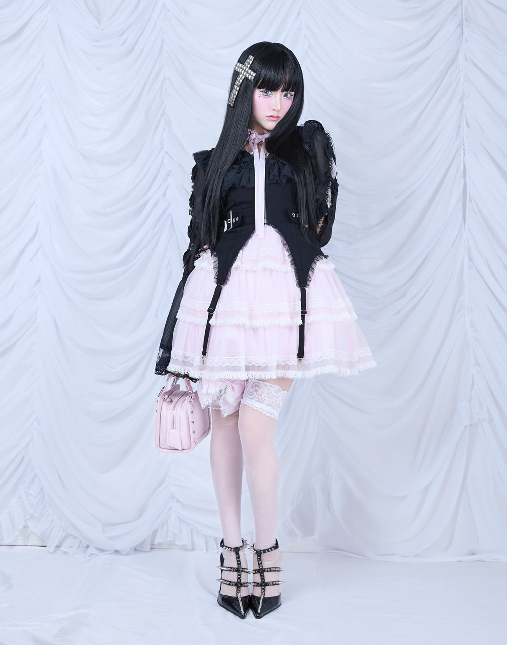 AVENCHUMU Flared sleeve ribbon and frill zip tops
