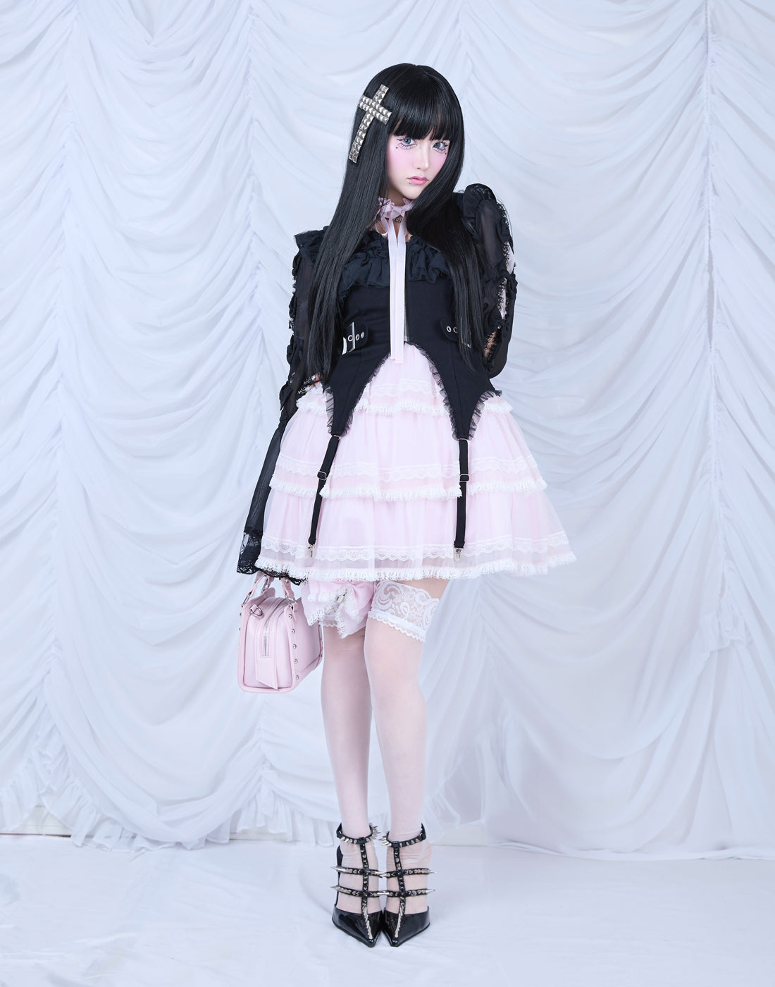 AVENCHUMU Flared sleeve ribbon and frill zip tops