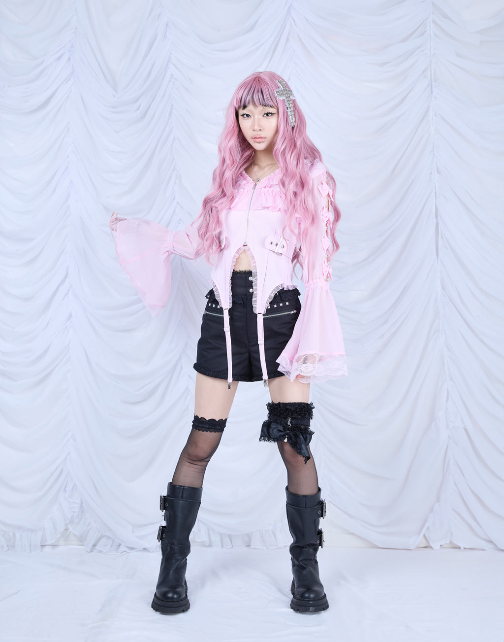 AVENCHUMU Flared sleeve ribbon and frill zip tops