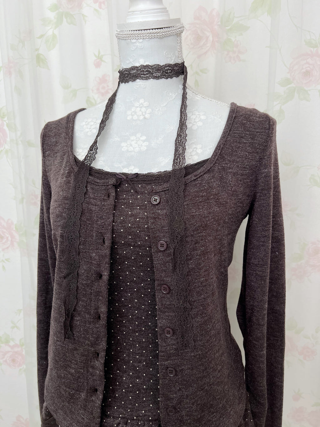Polka Dot Cardigan Camisole Set (Chocolate)