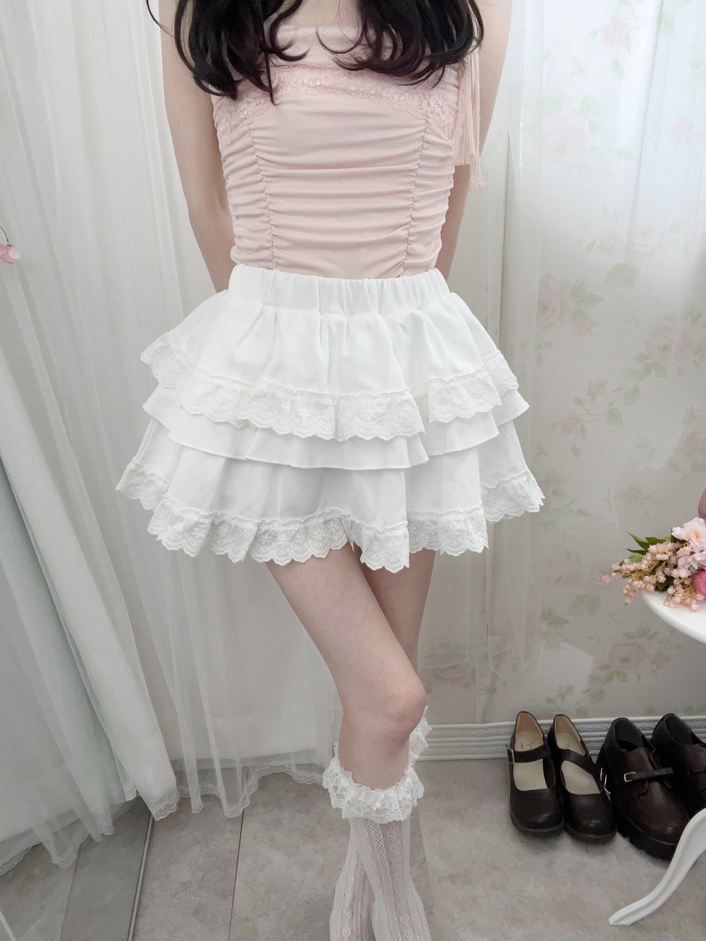 Cotton Lace Ruffled Tiered Skirt (White)