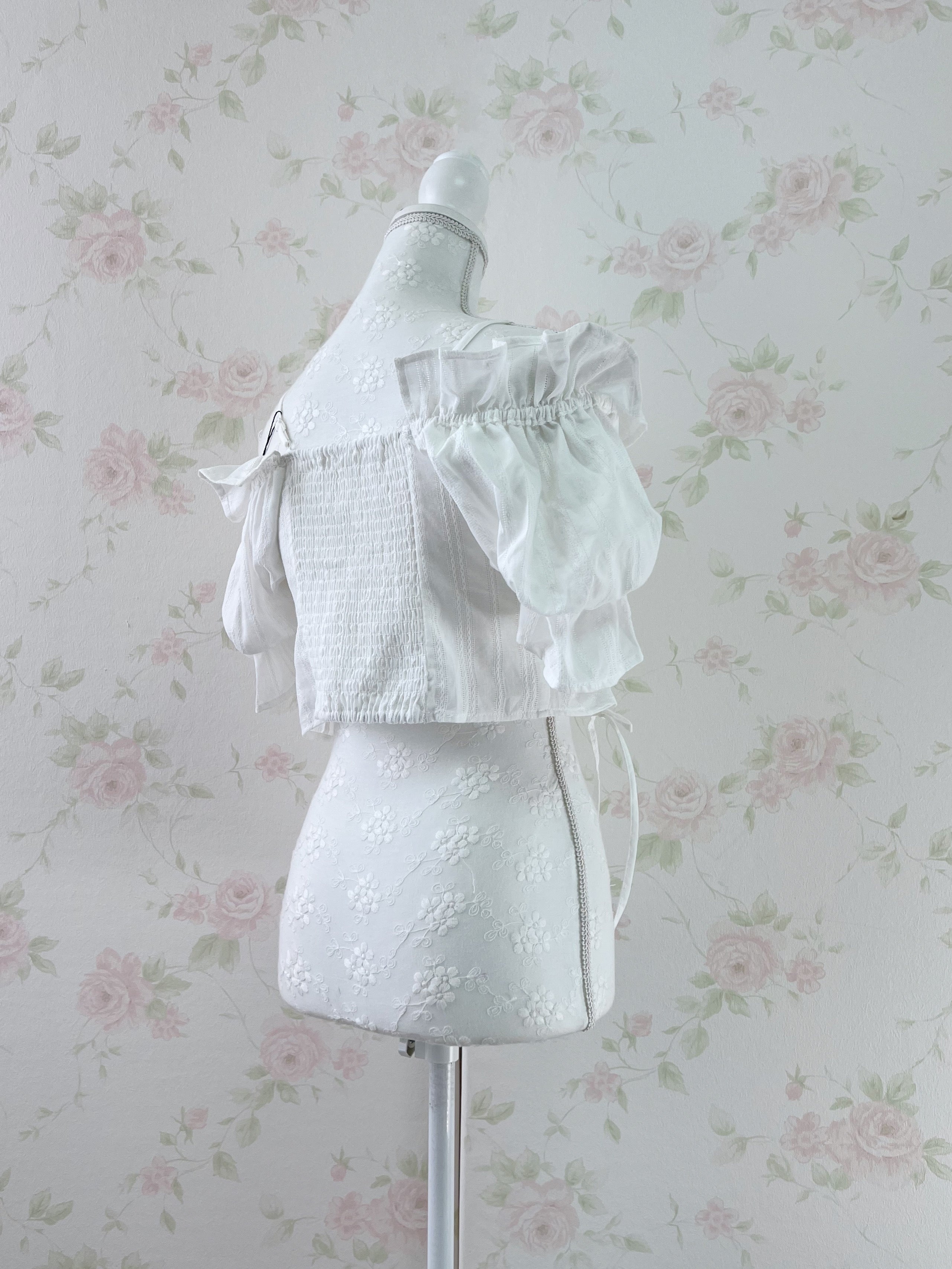 Puff Sleeve Off Shoulder Cotton Blouse (White)