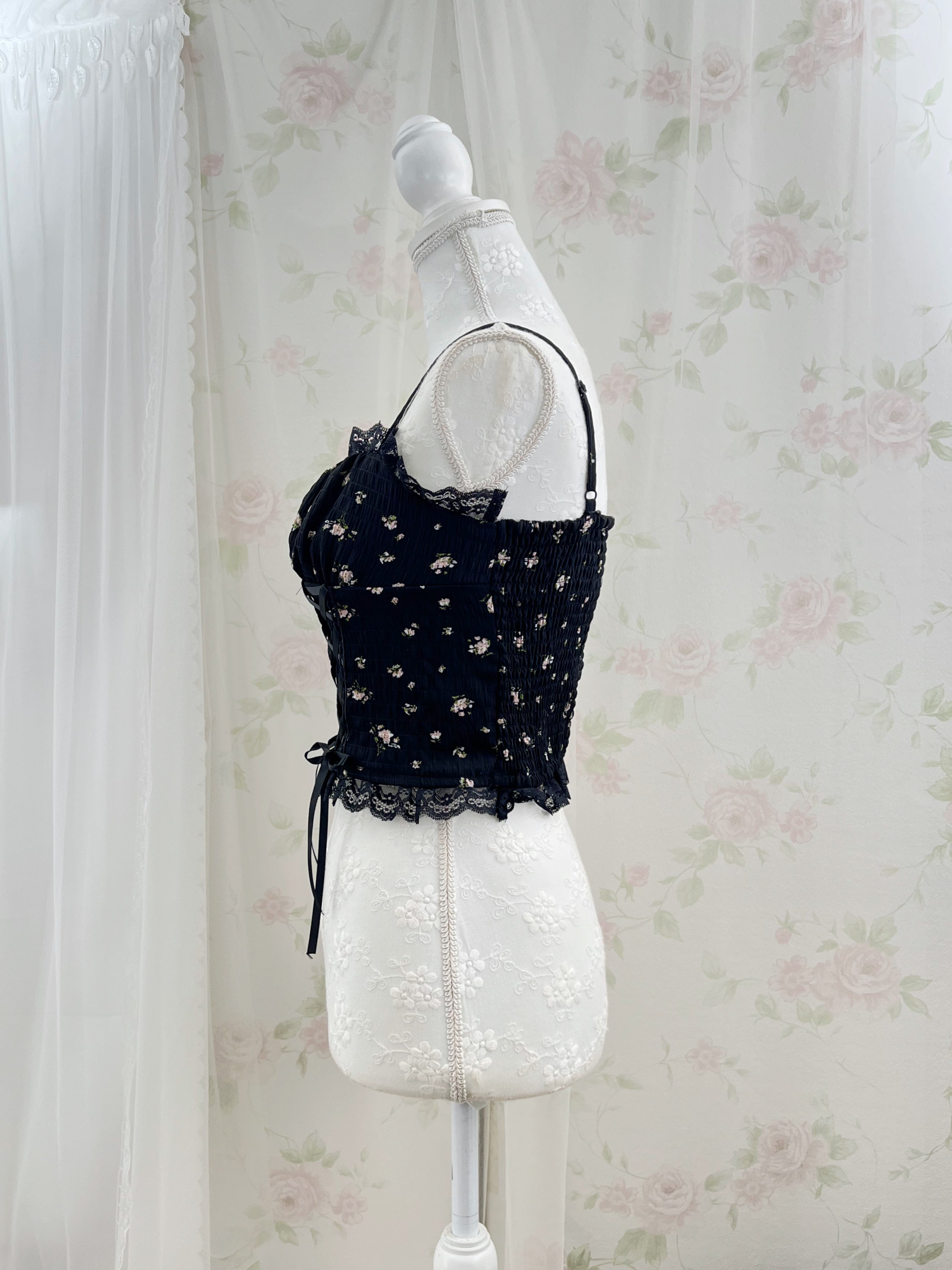 Petite Floral Laced Up Camisole (Black)