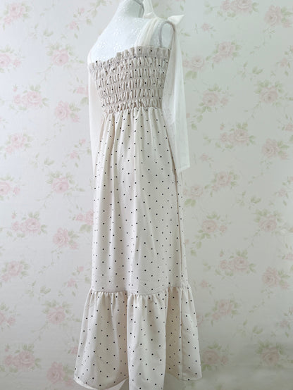 GRL Tulle Ribbon Strap Polka Dot Long Dress (Ivory)