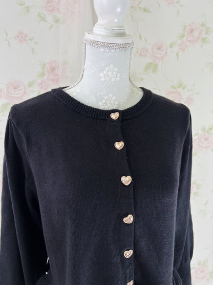 Gold Heart Button Cotton Lace Sleeve Cardigan (Black)