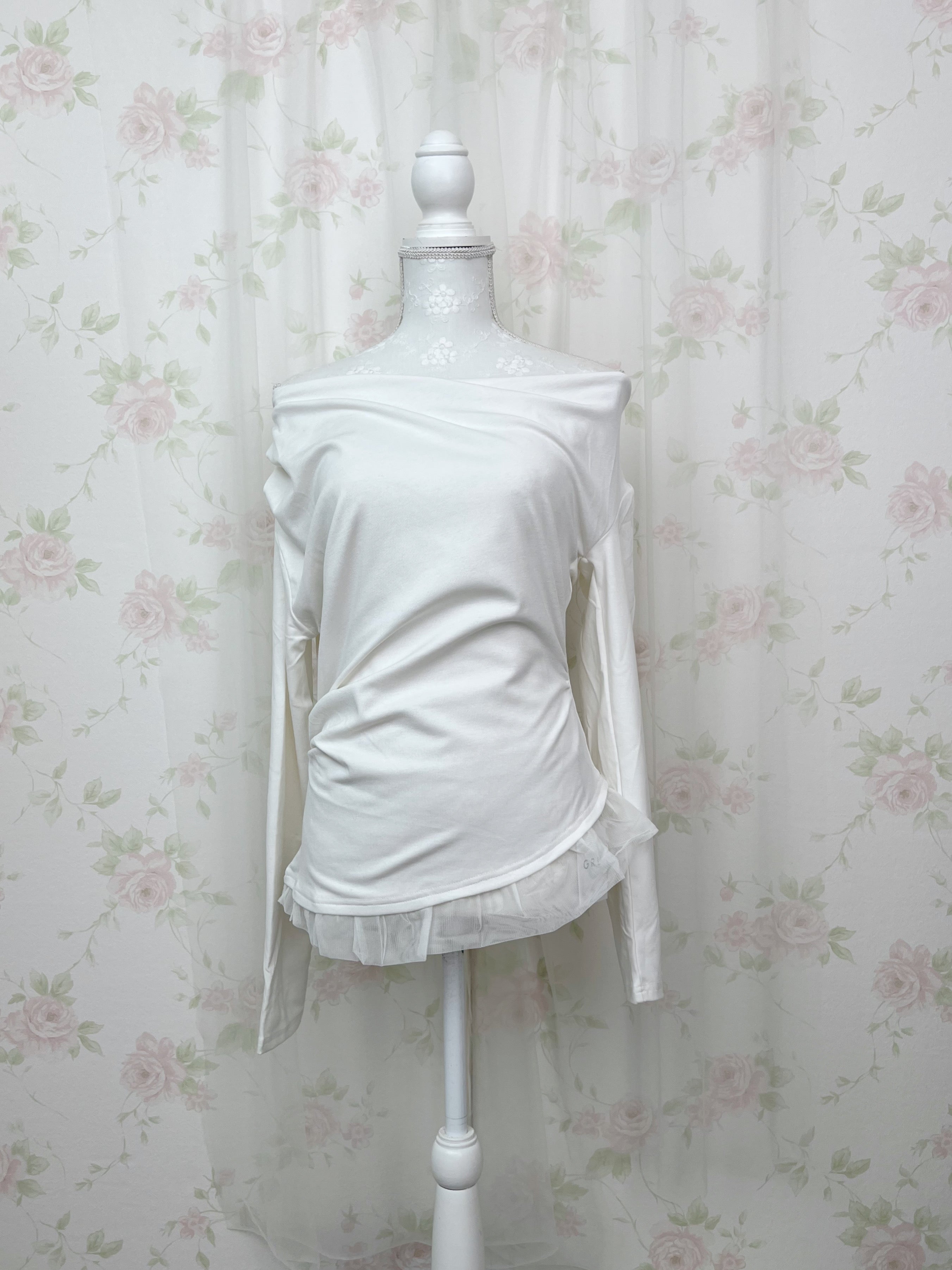 One Shoulder Drape Tulle Hem Top(White)