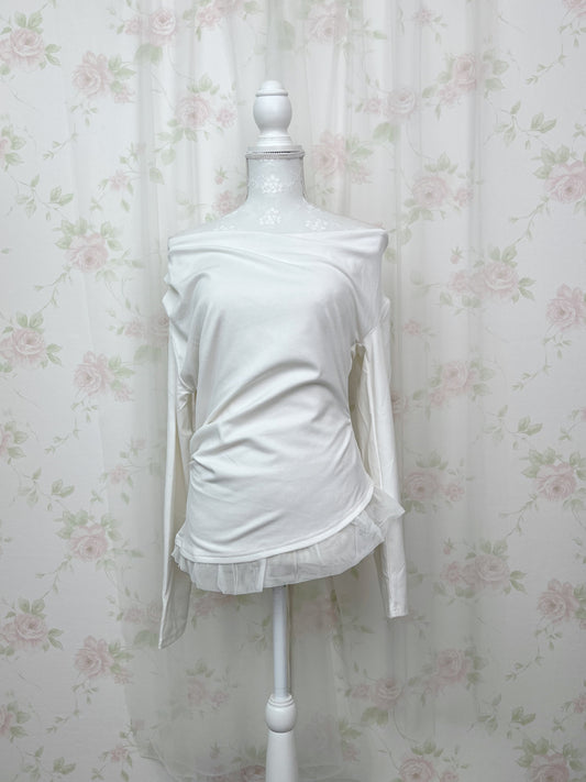 One Shoulder Drape Tulle Hem Top(White)