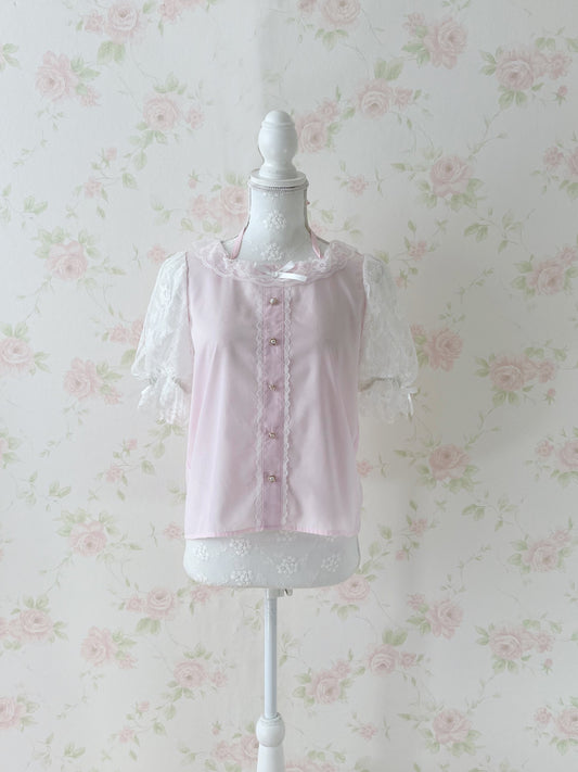 Lovely Tency Lace Sleeve Halter Neck Blouse (Pink)
