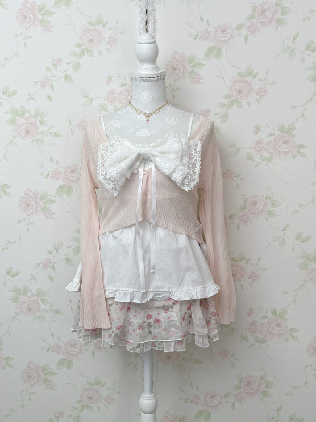 Heart Button Wide Sleeve Cardigan (Powder Pink)