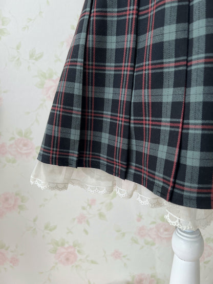 Secret Honey Heart Belt Checked Pleated Skirt (Green)